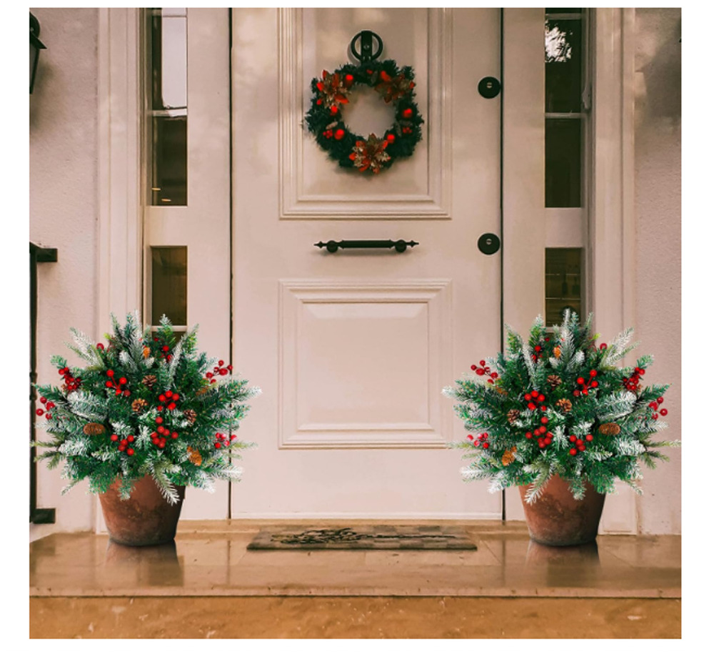 Lighted Christmas Urn Filler Set of 2 24 Inch LED Decor Remote Control Snow Tip